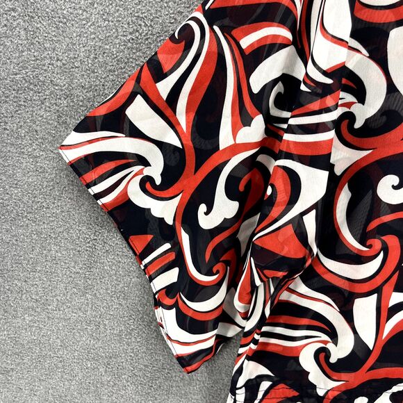 Chaps‎ Top Womens Large Black Red White Short Sleeve Sheer V Neck Blouse - Picture 12 of 14